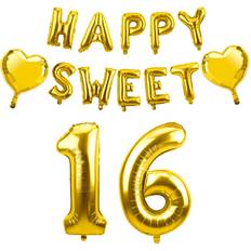 Gold Foil Balloons Lnlofen Happy Sweet 16 Balloon Banner with 2 Heart Foil Gold 16th Birthday Party Decorations Happy Sixteen Party Decorations Supplies