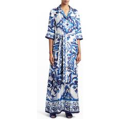 Kurze Kleider - Lang Dolce & Gabbana Silk Twill Robe With Majolica Print Blue Silk