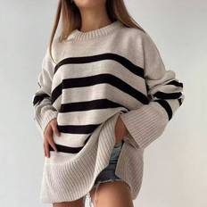 Shein Striped Pattern Drop Shoulder Split Hem Sweater