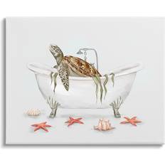 Stupell Industries Turtle Bathtub Sea Life Seaweed Canvas Off-White Wall Decor 20x16"