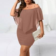 Shein Beige Dresses Shein Plus Off Shoulder Ruffle Trim Bodycon Dress