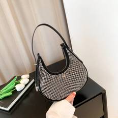 Shein PU Bright Diamond Dinner bag Leather Women Luxury Designer Handbag Purses 2023 Fashion Vintage Double Zipper Half Moon Crescent Hobos Shoulder Bags