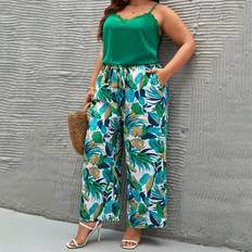 Shein 3XL Pants Shein Frenchy Plus Lace Trim Cami Top & Tropical Print Wide Leg Pants