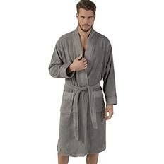 SEYANTE Turkish Cotton Terry Men's Bathrobe Kimono Cotton Terry Cloth Robe Long, Textured, Rice Weave Trim Bathrobe Small, Grey Kimono