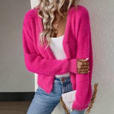 Pink Cardigans Shein Dazign Drop Shoulder Button Front Fluffy Knit Cardigan