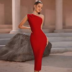 Shein One Shoulder Formal Zip Back Bodycon Elegant Wedding Guest Long Cocktail Party Midi Bandage Dress - Summer