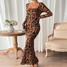 Brown - Knee Length Dresses Shein Allover Print Square Neck Mermaid Hem Bodycon Dress