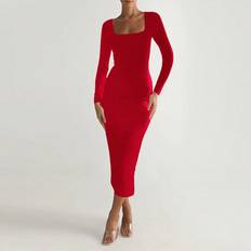 Knælange kjoler - Rød Shein Solid Square Neck Bodycon Dress