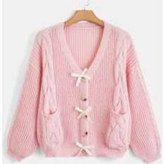 Pink Cardigans Shein Cable Knit Bow Front Lantern Sleeve Cardigan