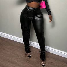 Skinn Byxor Shein Flap Pocket Side Knot Hem PU Leather Pants