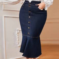 5XL Skirts Shein Plus Button Fly Mermaid Hem Denim Skirt