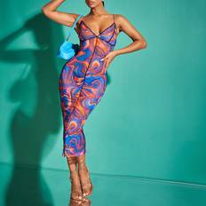 Blåa - Mesh Klänningar Shein Marble Print Topstitching Bodycon Dress