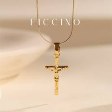 Shein Ficcino Men's Necklace 18k Gold-plated Jesus Cross Pendant With Titanium Steel Flat Snake Vintage Style Daily Wear With Box