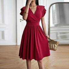 Knee Length Dresses - Red Shein Solid Surplice Neck Butterfly Sleeve A-line Dress