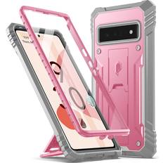 Poetic Poetic Revolution Case for Google Pixel 6 Pro 5G, Built-in Screen Protector Work with Fingerprint ID, Full Body Rugged Shockproof Protective Cover Case with Kickstand, Light Pink