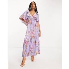 Long Dresses - Paisley ASOS DESIGN Satin Flutter Sleeve V-neck Maxi Dress - Lilac Paisley Print/Multi