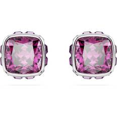 Swarovski Grey Jewellery Swarovski Birthstone stud earrings, Square cut, February, Pink, Rhodium plated