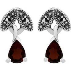 Art Nouveau Style Pear Garnet & Marcasite Drop Earrings in 925 Sterling Silver