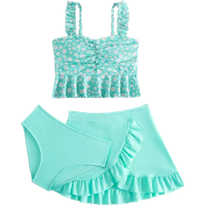 Green Bikinis Children's Clothing Shein Girls Ditsy Floral Print Ruffle Hem Bikini Swimsuit with Beach Skirt - Green