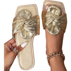 Golden Slides Shein Women's Flat Slipper Gold Pleated Glitter Holiday Style Elegant Slipper All Seasons Square Toe Slippers