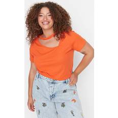 6XL - Mujer Camisetas Trendyol Collection TRENDYOL Damen T-Shirt, Standard-Kropfband, hoher Halsausschnitt, gewebt, Übergröße Hemd, Orange, Größen