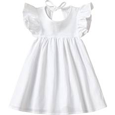 Linen Dresses Goodplayer Toddler Baby Girl Dress Summer Cotton Linen Ruffle Halter Sleeveless Kids Casual Beach Party Dresses 1-6 Years White,6_Years