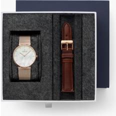 Ure Nordgreen Dame Dansk minimalistisk analog Rose Guld Urkasse Hvid Skive 28mm Brun læderrem 28mm