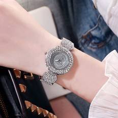 Shein 1pc Rhinestone Golden Watches Casual Luxury Ladies Fashion Bracelet Wristwatches