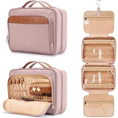 Travel Hanging Toiletry Bag for Women, Extra Large Makeup Bag, Holds Full-Size Shampoo, with Jewelry Organizer Compartment, Waterproof Cosmetic Bag, Toiletries Kit Set with Trolley Belt, Baby Pink