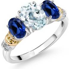 Blue - Eternity Rings Gem Stone King 925 Sterling Silver and 10K Yellow Gold Oval Sky Blue Aquamarine Blue Created Sapphire and White Diamond Stone Ring For Women 2.43 Cttw Gemstone March Birthstone Available In 9