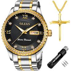 Olevs OLEVS Luxury Diamond Day Date Dress for Men Black Big Face Gold Bezel Luminous,Male Business Casual Analog Wrist Waterproof with Band Gift Silver Two Tone