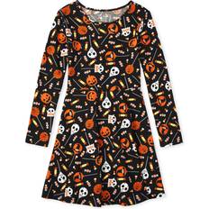 Dresses The Children's Place The Children's Place Girls' Long Sleeve Fashion Skater Dress, Black Halloween Candy, 10/12