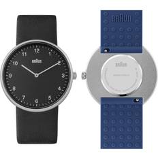 Braun Klockor Braun Braun 2-Hand Analogue Watch, Black and Black Leather with Additional Blue Silicone Rubber Strap, Quick-Release Spring Bars, 38mm, Model BN0281BKBLG