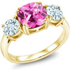 Blue - Eternity Rings Gem Stone King Gem Stone King 3.75 Ct Pink Created Sapphire Sky Blue Aquamarine 18K Yellow Gold Plated Silver Ring