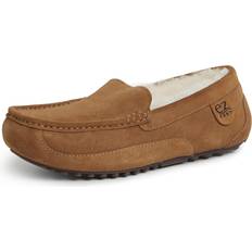 EZ Feet Women's Indoor Outdoor Shearling Breathable Slip-On Suede Moccasins Slippers Chestnut