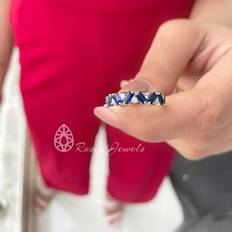 Blue - Eternity Rings Rosec Jewels Ladies CT Baguette Cut Modern Lab Created Blue Sapphire Semi Eternity Ring with Moissanite September Birthstone Ring 925 Sterling Silver 12.00