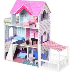 Qaba Kids Wooden Doll House Dreamhouse Villa with Patio Dollhouse Furniture, Accessories Kit, Multi-level House for Toddler Girls Children Pink