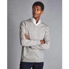 Knitted Sweaters - Silver Jumpers Charles Tyrwhitt Men's V-Neck Sweater Silver Grey Merino Grey