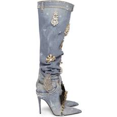 Dolce & Gabbana crystal-embellished knee-high boots women Calf Leather/Goat Skin/Lambskin/Cotton/Spandex/Elastane Blue