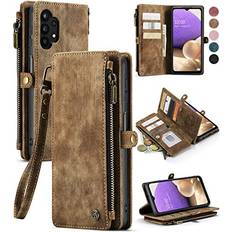 Samsung Galaxy A32 Wallet Cases Defencase Samsung Galaxy A32 5G Case, Samsung A32 5G Wallet Case, Premium Durable PU Leather [Magnetic Flip] [Zipper Pocket] [Lanyard Strap Wristlet] [Card Holder] Phone Case for Galaxy A32 5G, Brown