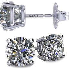 Earrings 14K Solid Gold Post & Sterling Silver Prong CZ Stud Earrings Platinum Plated 5.25mm 1.00cttw