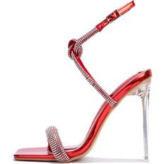 Plastic Heels & Pumps Cape Robbin Lexington Sexy Stiletto Clear High Heels for Women, Square Toe Ankle Strap Heels with Rhinestones Red