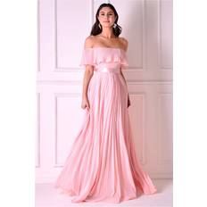 Chiffon - Long Dresses Goddiva Pleated Chiffon Off Shoulder Maxi Dress Blush