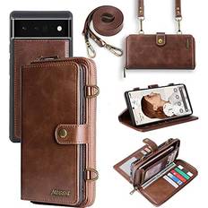 Wallet Cases King'sGuard King'sGuard Compatible with Google Pixel 6A Wallet Phone case,PU Leather Multi-Function Detachable 2 in 1 Magnetic Card Holder Kickstand Zipper Shoulder Strap Purse Cover Brown