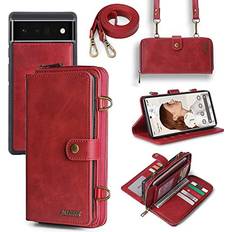 Wallet Cases King'sGuard King'sGuard Compatible with Google Pixel 6A Wallet Phone case,PU Leather Multi-Function Detachable 2 in 1 Magnetic Card Holder Kickstand Zipper Shoulder Strap Purse Cover Red