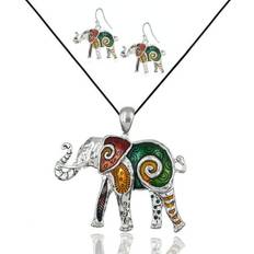 Natural Jewelry Sets Besheek Besheek Silvertone Rainbow Mosaic Elephant Necklace and Earring Set