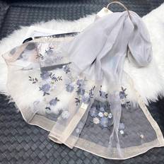 Gold Scarfs Shein Women's Elegant Flower Pattern Scarf - Grey Color/Embroidered Gold Thread