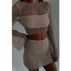 Lace Skirts BSD Hilton Diamante Mesh Mini Skirt Cream