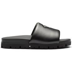 Prada Men Slippers & Sandals Prada logo plaque brushed leather slides men Leather/Leather/Rubber Black