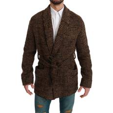 Dolce & Gabbana Brown Coats Dolce & Gabbana Brown Checkered Wool Robe Coat Wrap Jacket IT44